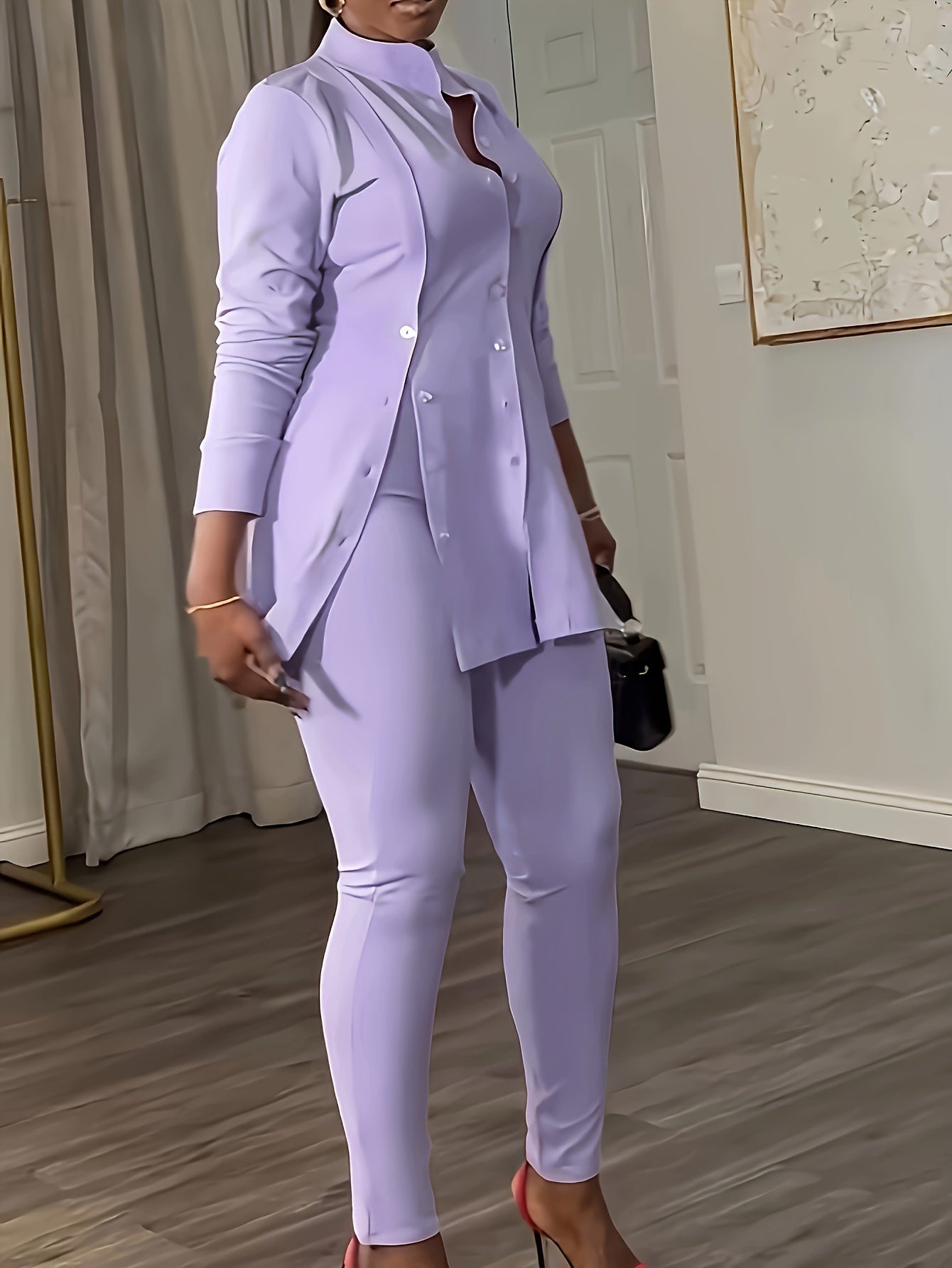 Casual Simple Button Slit Solid Color Shirt Collar Long Sleeve Two Piece Pant Outfit