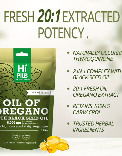 Load image into Gallery viewer, Hi Plus Oil Of Oregano Soft gels 6000mg Per Serving, 300 Count | 2-in-1 Formula With Black Seed Oil 200mg, 4X Strength Carvacrol & Thymoquinone | Plant-Based, Immune Support