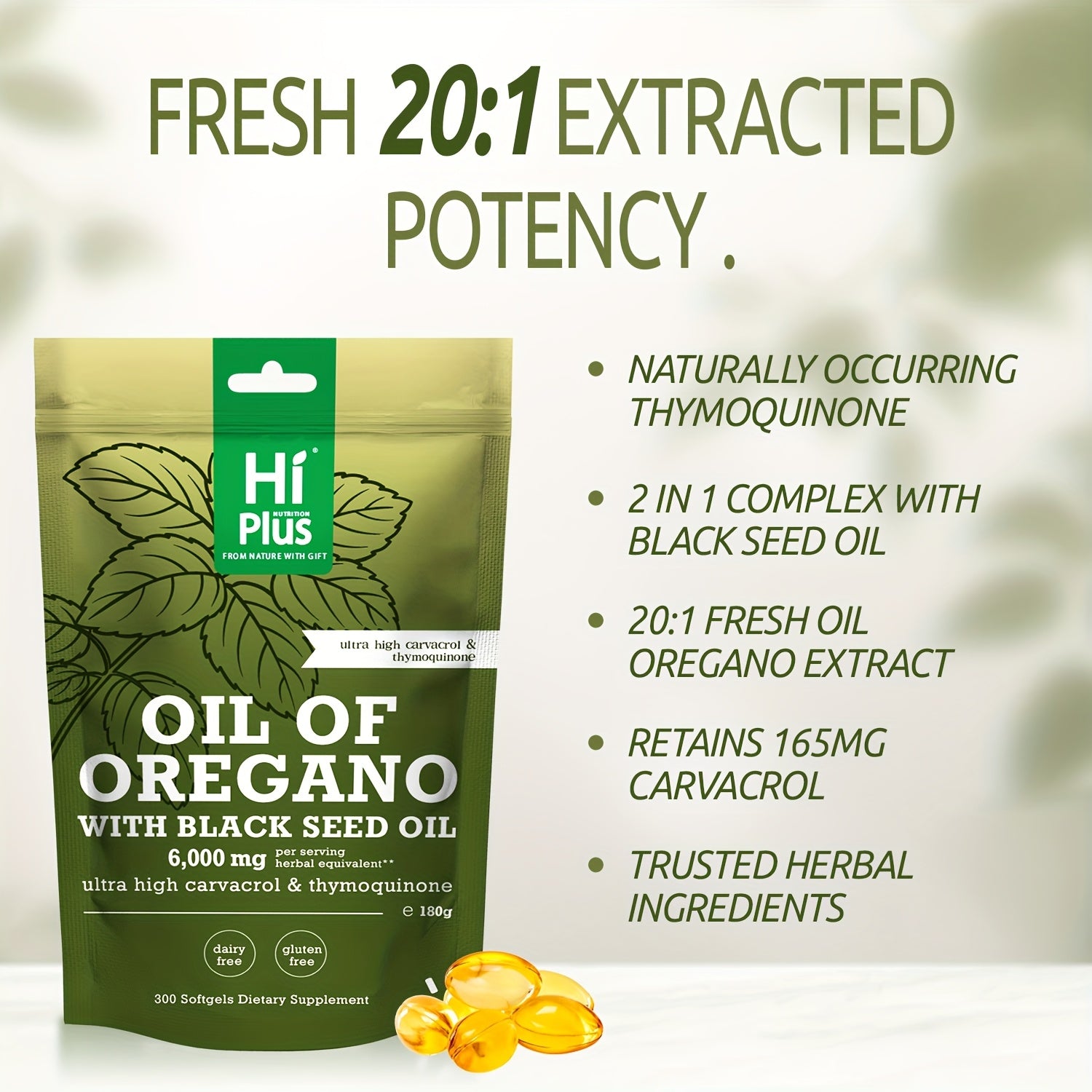 Hi Plus Oil Of Oregano Soft gels 6000mg Per Serving, 300 Count | 2-in-1 Formula With Black Seed Oil 200mg, 4X Strength Carvacrol & Thymoquinone | Plant-Based, Immune Support