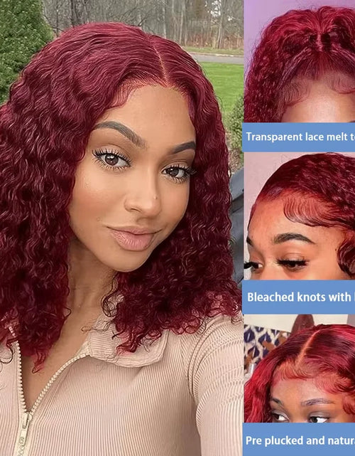 Load image into Gallery viewer, Burgundy 99J Deep Wave Short Bob Wigs 100% Human Hair Wig Water Curly Wig Baby Hair 3x4 Lace Front Human Hair Wig For Women
