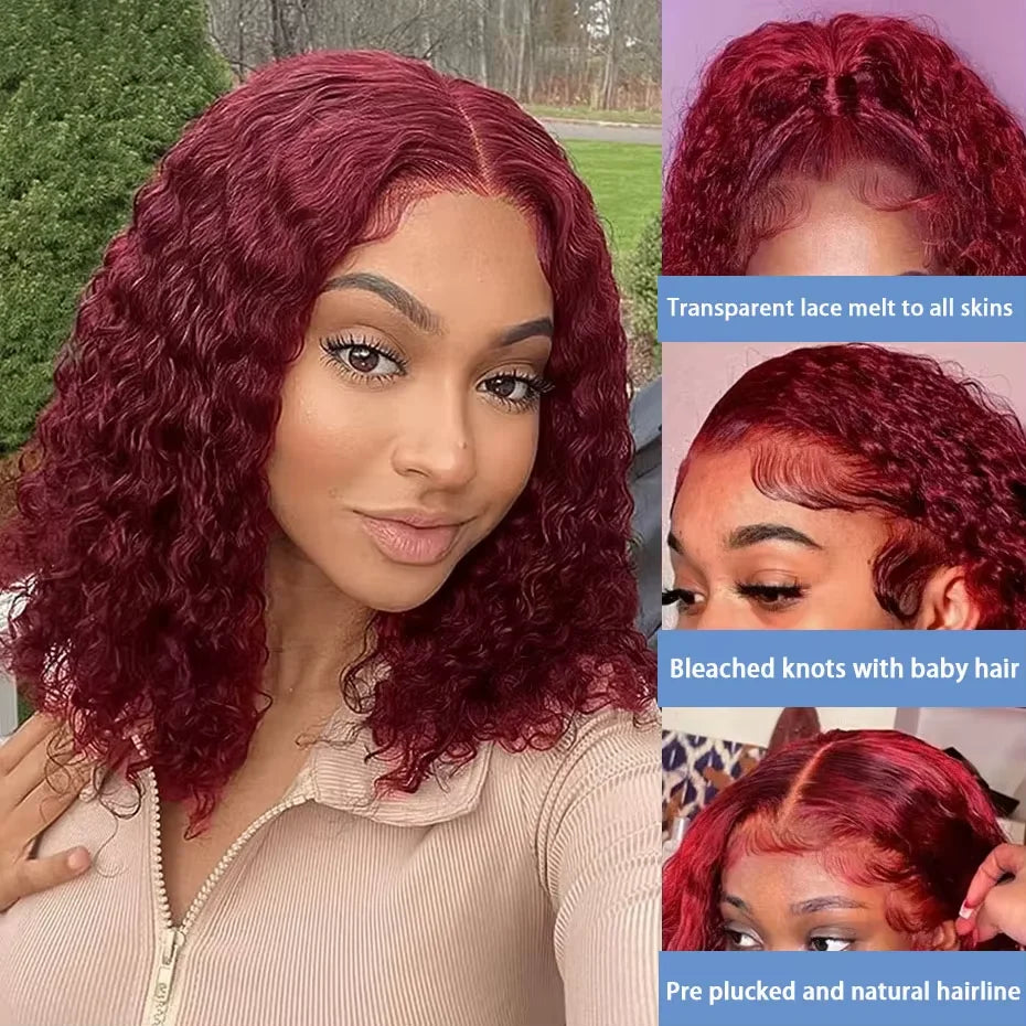 Burgundy 99J Deep Wave Short Bob Wigs 100% Human Hair Wig Water Curly Wig Baby Hair 3x4 Lace Front Human Hair Wig For Women