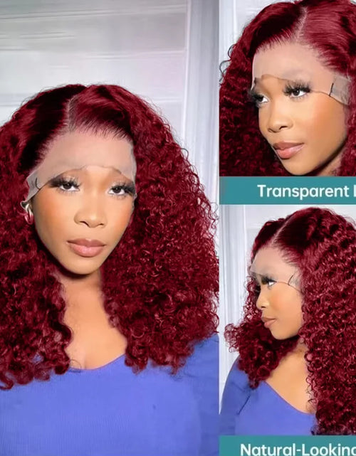 Load image into Gallery viewer, Burgundy 99J Deep Wave Short Bob Wigs 100% Human Hair Wig Water Curly Wig Baby Hair 3x4 Lace Front Human Hair Wig For Women