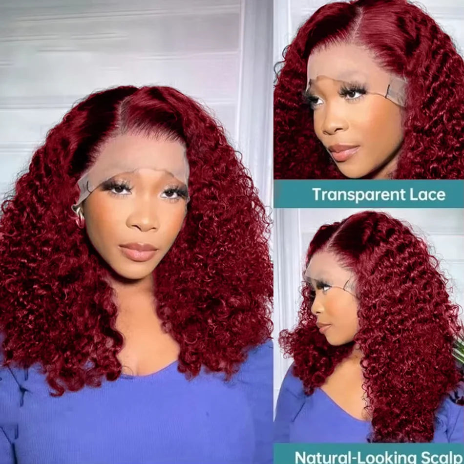 Burgundy 99J Deep Wave Short Bob Wigs 100% Human Hair Wig Water Curly Wig Baby Hair 3x4 Lace Front Human Hair Wig For Women