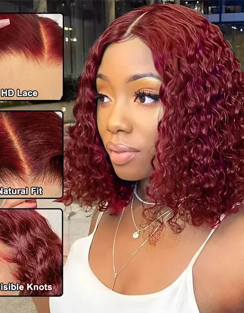 Load image into Gallery viewer, Burgundy 99J Deep Wave Short Bob Wigs 100% Human Hair Wig Water Curly Wig Baby Hair 3x4 Lace Front Human Hair Wig For Women