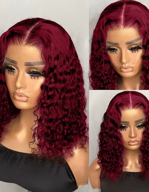 Load image into Gallery viewer, Burgundy 99J Deep Wave Short Bob Wigs 100% Human Hair Wig Water Curly Wig Baby Hair 3x4 Lace Front Human Hair Wig For Women