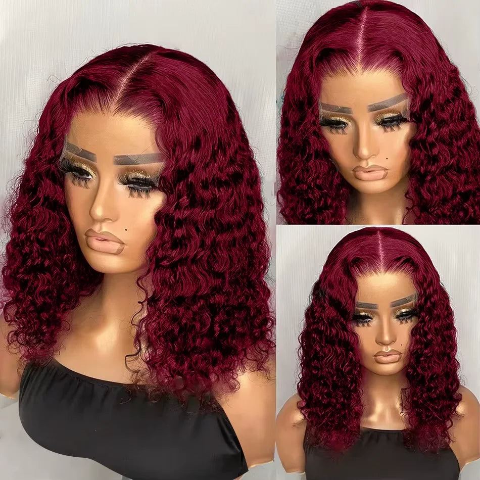 Burgundy 99J Deep Wave Short Bob Wigs 100% Human Hair Wig Water Curly Wig Baby Hair 3x4 Lace Front Human Hair Wig For Women