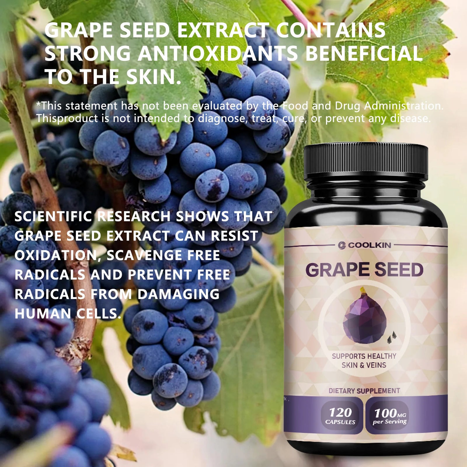 Grape Seed Extract - Supports Heart, Skin Health, Powerful Antioxidant, Anti-aging - 120 Capsules