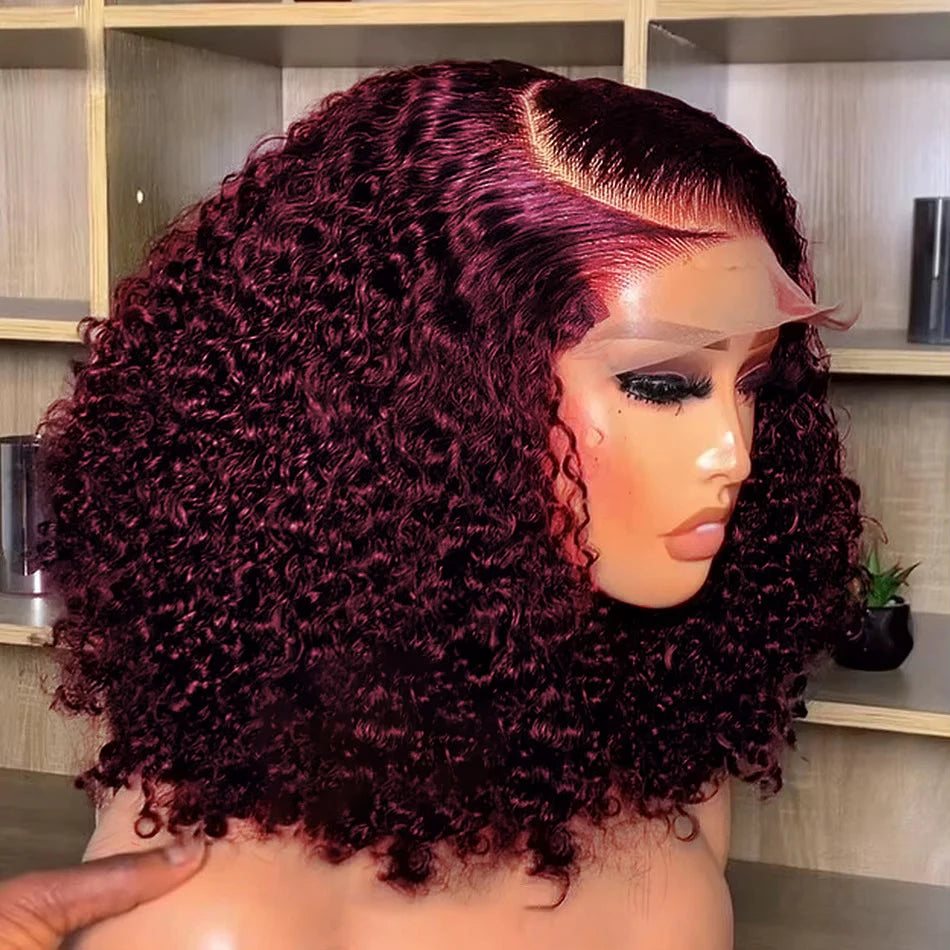 Burgundy 99J Deep Wave Short Bob Wigs 100% Human Hair Wig Water Curly Wig Baby Hair 3x4 Lace Front Human Hair Wig For Women