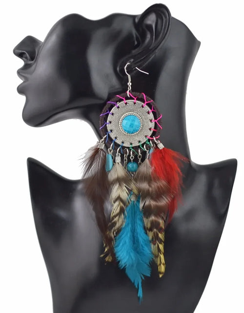Load image into Gallery viewer, Tribal Big Bohemian Feather Dangle Earring  Tassel Drop Earrings for Women