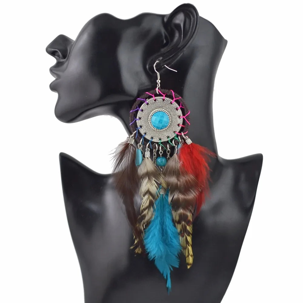 Tribal Big Bohemian Feather Dangle Earring  Tassel Drop Earrings for Women
