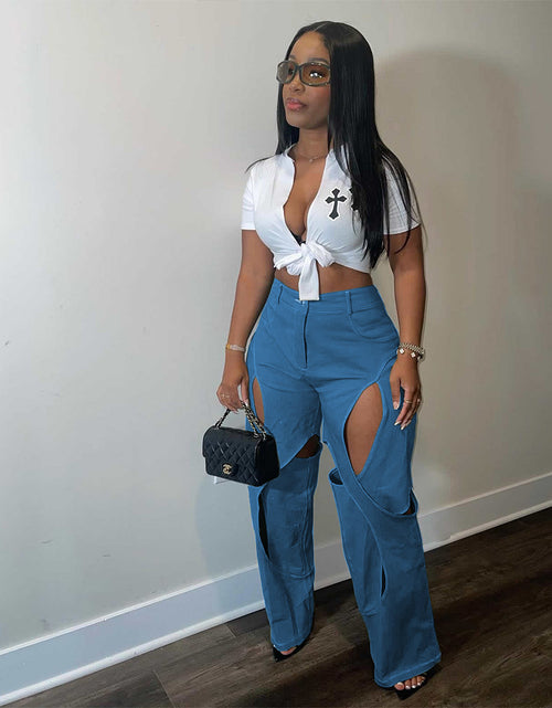 Load image into Gallery viewer, Patchwork Wide Leg Trousers for Women High Waist Button Zipper Closure Hollow Out Straight Leg Pants