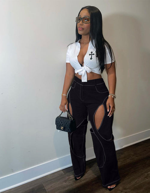 Load image into Gallery viewer, Patchwork Wide Leg Trousers for Women High Waist Button Zipper Closure Hollow Out Straight Leg Pants