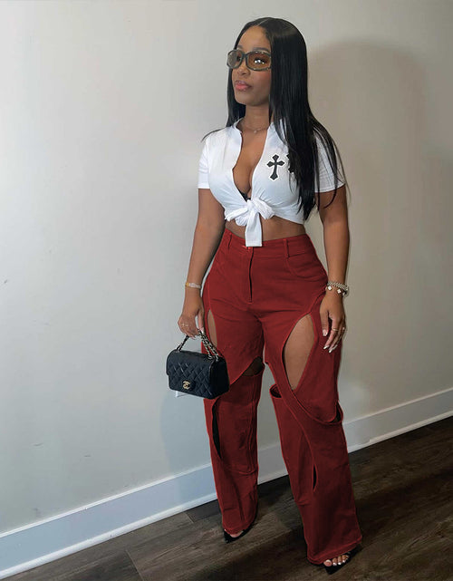 Load image into Gallery viewer, Patchwork Wide Leg Trousers for Women High Waist Button Zipper Closure Hollow Out Straight Leg Pants