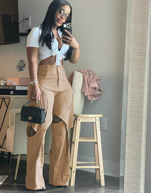 Load image into Gallery viewer, Patchwork Wide Leg Trousers for Women High Waist Button Zipper Closure Hollow Out Straight Leg Pants