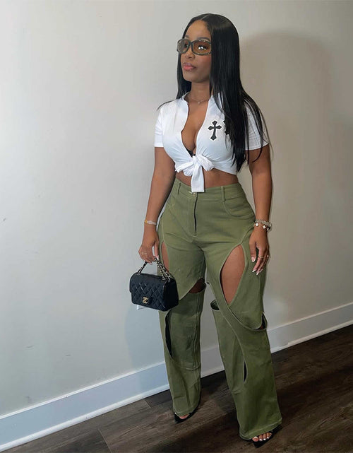 Load image into Gallery viewer, Patchwork Wide Leg Trousers for Women High Waist Button Zipper Closure Hollow Out Straight Leg Pants