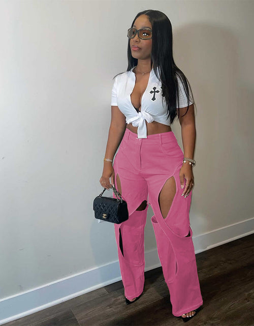 Load image into Gallery viewer, Patchwork Wide Leg Trousers for Women High Waist Button Zipper Closure Hollow Out Straight Leg Pants