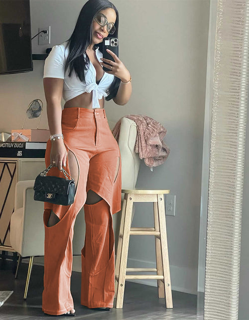 Load image into Gallery viewer, Patchwork Wide Leg Trousers for Women High Waist Button Zipper Closure Hollow Out Straight Leg Pants