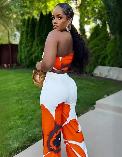 Load image into Gallery viewer, Floral Print Summer Two Piece Set Women Holiday One Shoulder Crop Top and Loose Wide Leg Pants