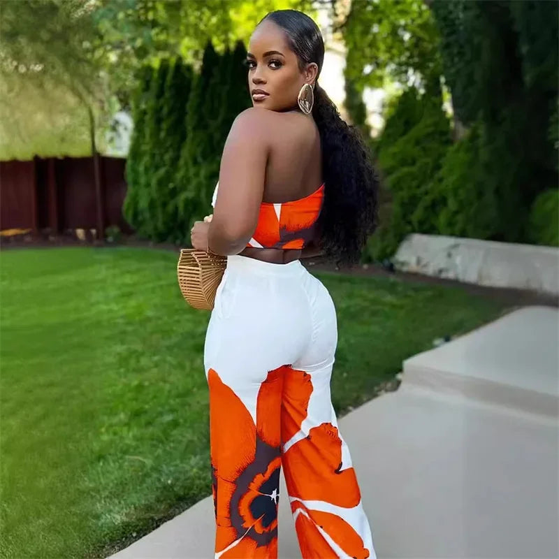 Floral Print Summer Two Piece Set Women Holiday One Shoulder Crop Top and Loose Wide Leg Pants