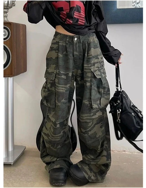 Load image into Gallery viewer, Military Green Women  Jeans High Waist Vintage  Baggy Wide Leg Denim Trouser