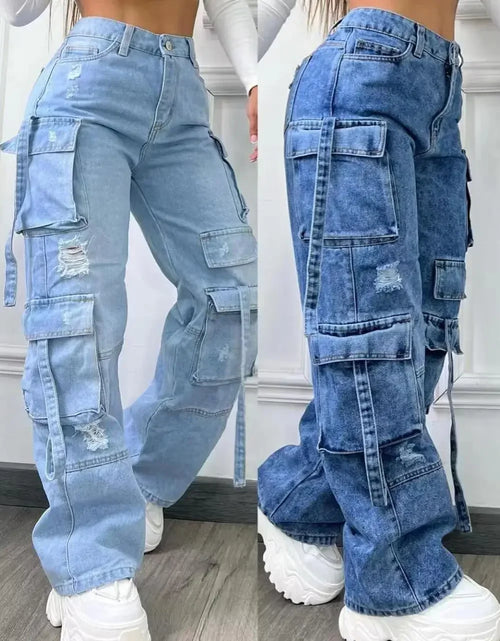 Load image into Gallery viewer, Women Denim Trousers Fashionable Solid Color Versatile Multi-pocket Casual Pants Ladies Large Size High Waist Denim 2025