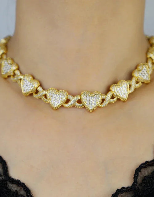 Load image into Gallery viewer, 2025 Iced Out Bling Full Paved 5A Cubic Zirconia CZ Heart Charm Infinity Chain Choker Necklace Jewelry