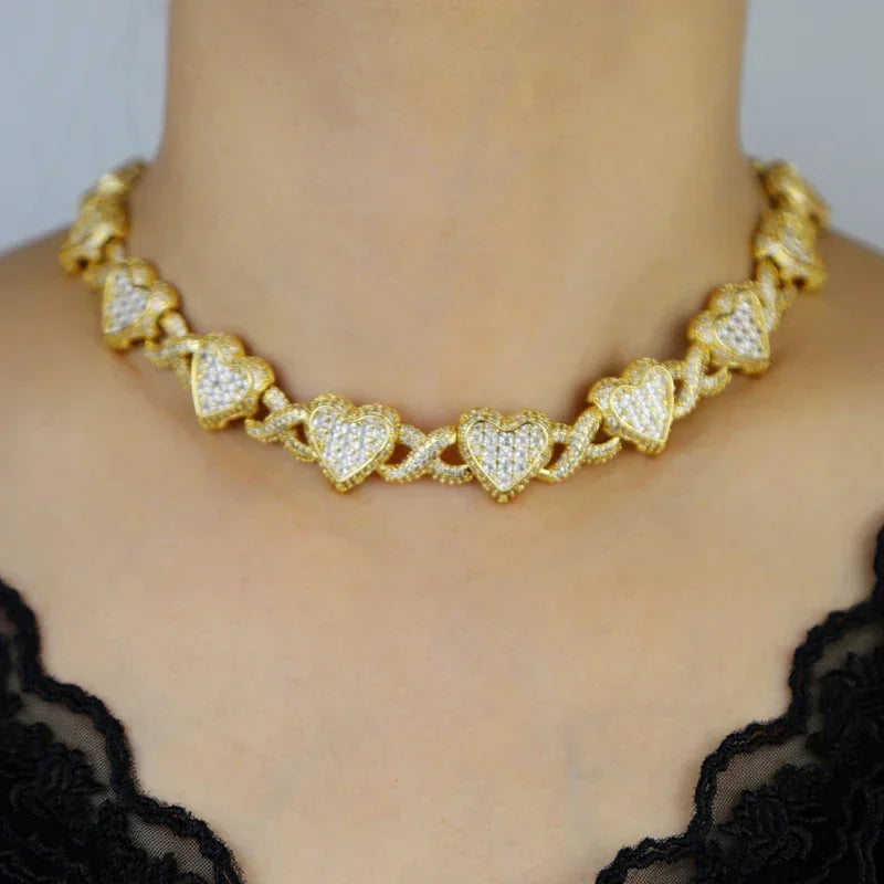 2025 Iced Out Bling Full Paved 5A Cubic Zirconia CZ Heart Charm Infinity Chain Choker Necklace Jewelry
