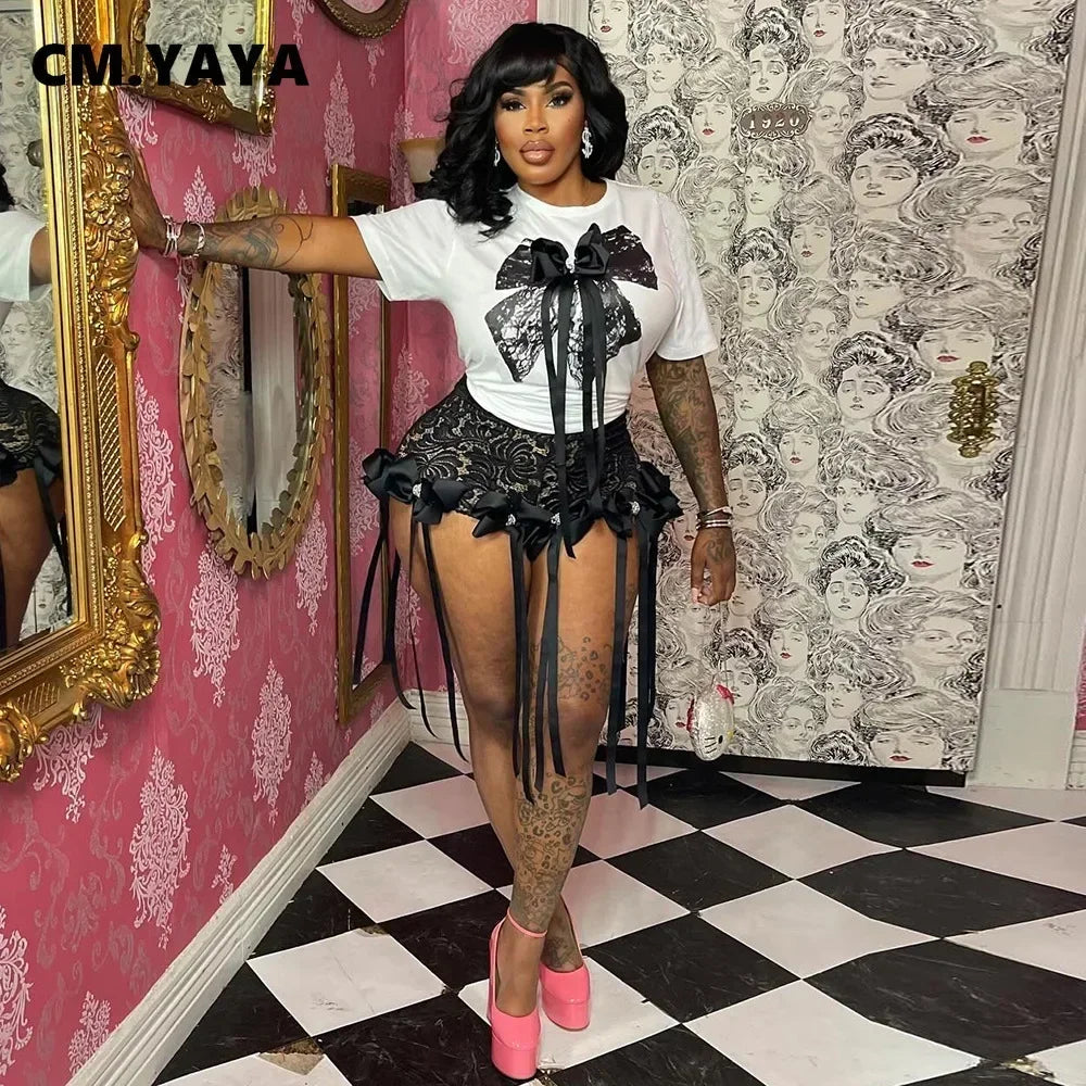 Women's Set Bow O-Neck short sleeve Tops and lace Shorts Set Casual Two 2 Piece Outfits