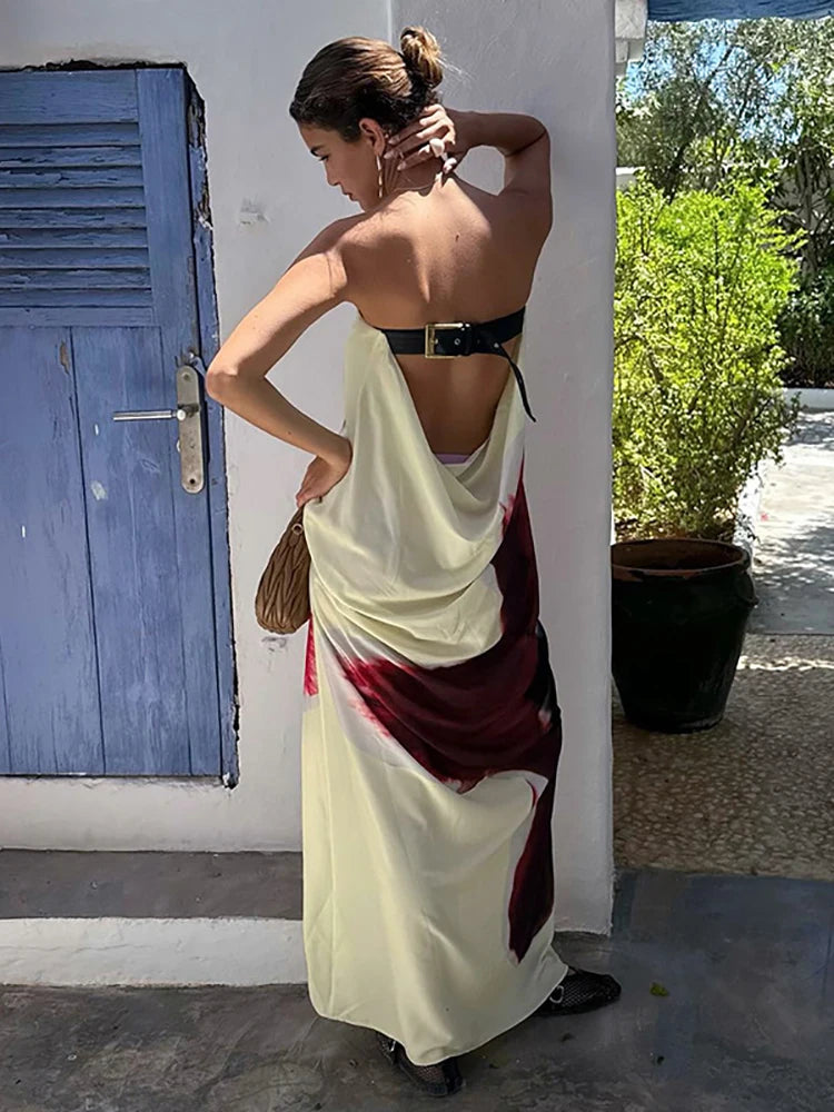 Sexy Strapless Print Floral Belt Women Maxi Dress Yellow Backless Vacation Dress Loose