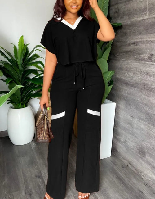 Load image into Gallery viewer, Elegant Women's Casual Short Sleeve T-shirt Sports Suit Summer Fashion Solid V Neck Short Top & Straight Pants Two Piece Sets