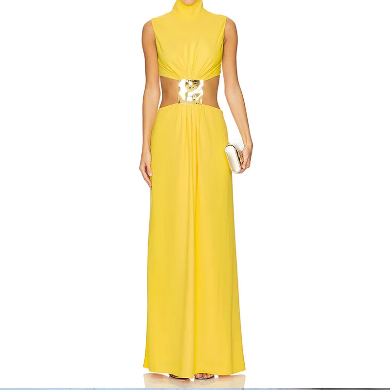 2025 Summer Fashion Temperament Solid Long Dress Sexy Sleeveless Pleats Robe Dress  Hollow Backless Long Dress
