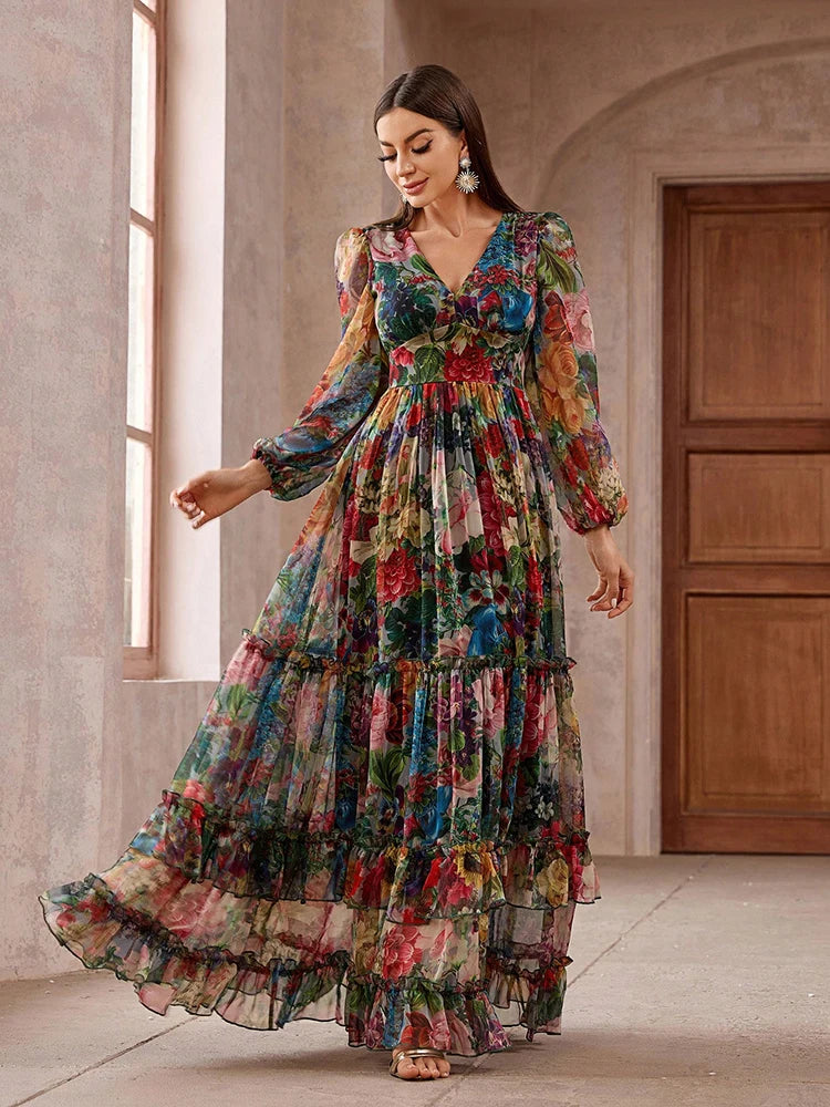 New Casual Elegant Bo ho  Dress Women's Vintage Floral Print Long Sleeve Frill Trim Maxi Dress