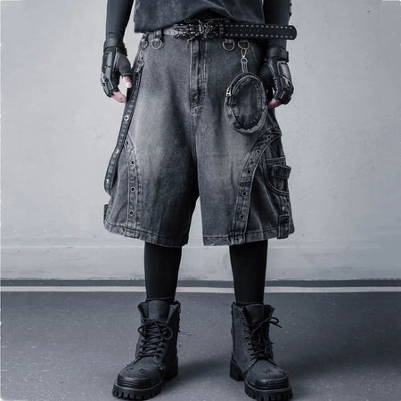 2026 Summer Washed Vintage Punk Jean Shorts With Small Pouch Style Metal Eyelets Spliced Denim Shorts