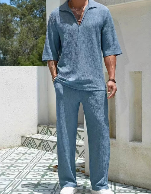 Load image into Gallery viewer, 2025 New Spring summer Men's retro casual suit collar solid color half-sleeved shirt loose drawstring pants Two-piece  Suit