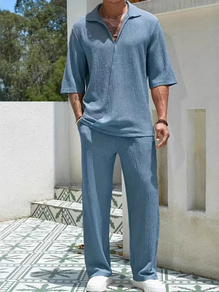 2025 New Spring summer Men's retro casual suit collar solid color half-sleeved shirt loose drawstring pants Two-piece  Suit