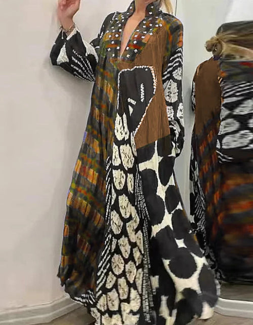 Load image into Gallery viewer, Elegant Bo Ho Pattern Print Women Maxi Dress  V Neck, Long Dress with Long Sleeves and Pockets