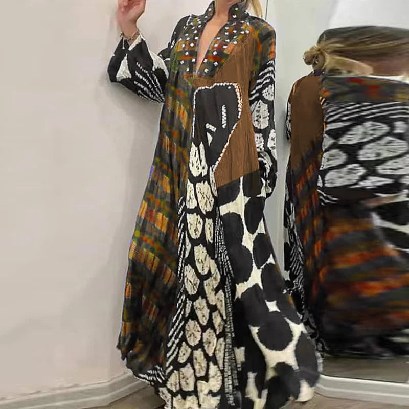 Elegant Bo Ho Pattern Print Women Maxi Dress  V Neck, Long Dress with Long Sleeves and Pockets