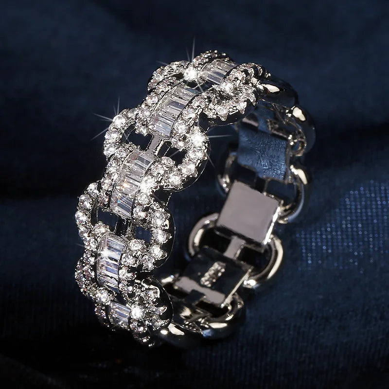 Fashion Luxury Large Row Flashing Zircon Ring  Chain Type 925 Stamp Jewelry