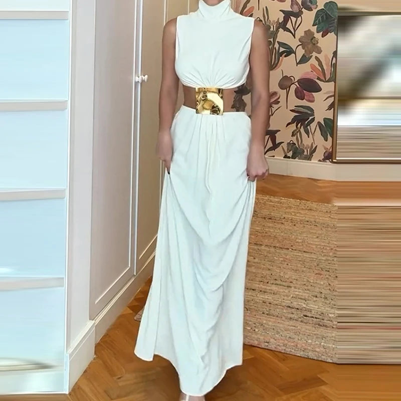 2025 Summer Fashion Temperament Solid Long Dress Sexy Sleeveless Pleats Robe Dress  Hollow Backless Long Dress