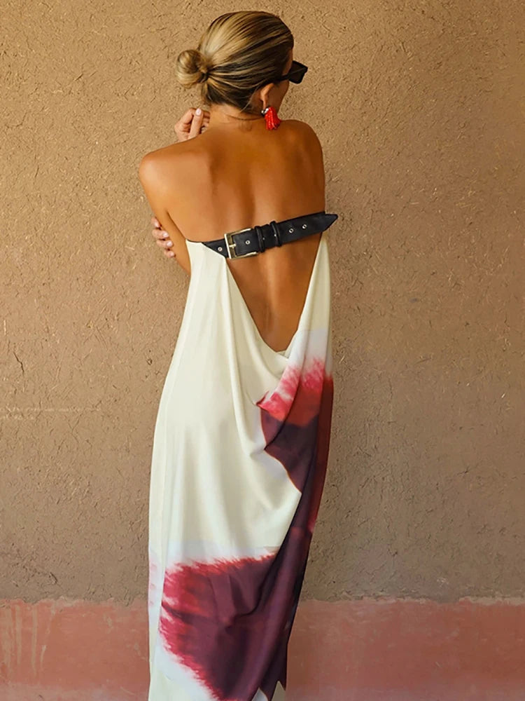 Sexy Strapless Print Floral Belt Women Maxi Dress Yellow Backless Vacation Dress Loose