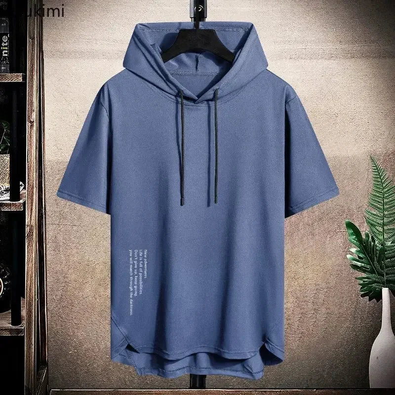 2025 Men's Summer Hoodies T-shirts Short Sleeve Solid Color Loose Hooded Drawstring Pullover Tops