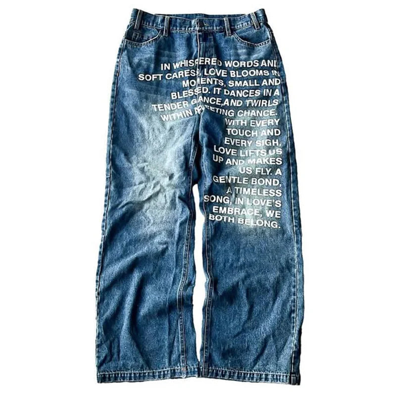 Men Jeans vintage American Pattern letter jeans streetwear Fashion Casual wide leg jeans