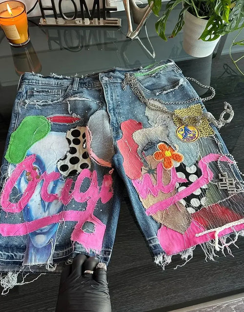 Load image into Gallery viewer, Skull Letter Pattern Patchwork Shorts Men Streetwear Pants Hip Hop Fashion Denim Shorts