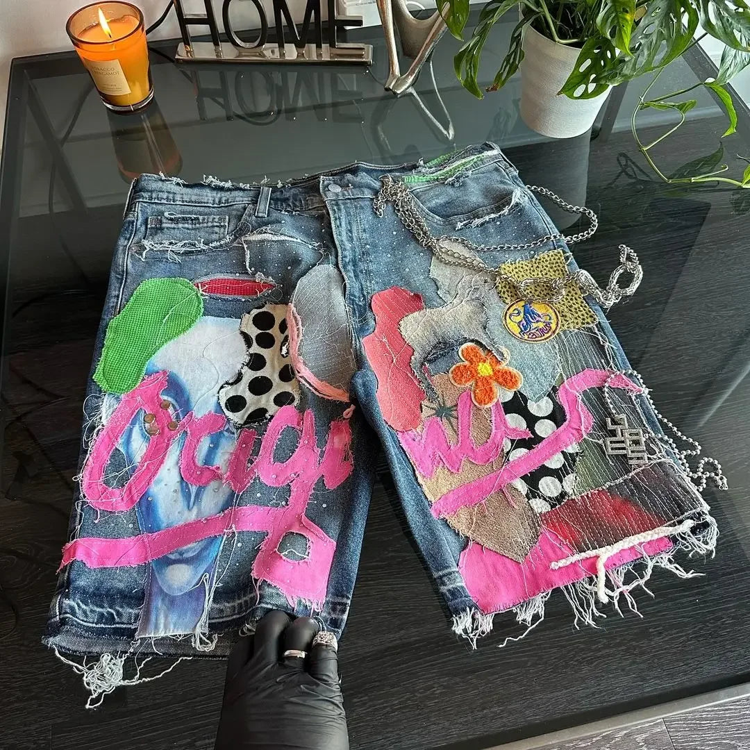 Skull Letter Pattern Patchwork Shorts Men Streetwear Pants Hip Hop Fashion Denim Shorts