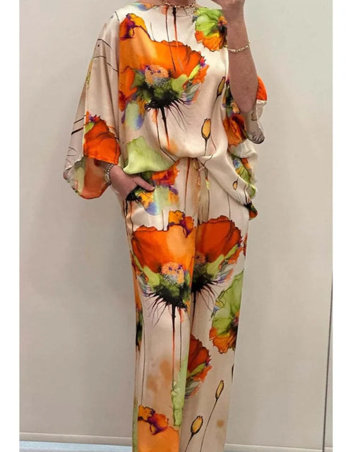 Load image into Gallery viewer, Casual Sets for Women 2 pieces Summer Fashion Printed Satin Two Piece Sets Women Sexy Round Neck Top+Wide Leg Long Pants Outfits
