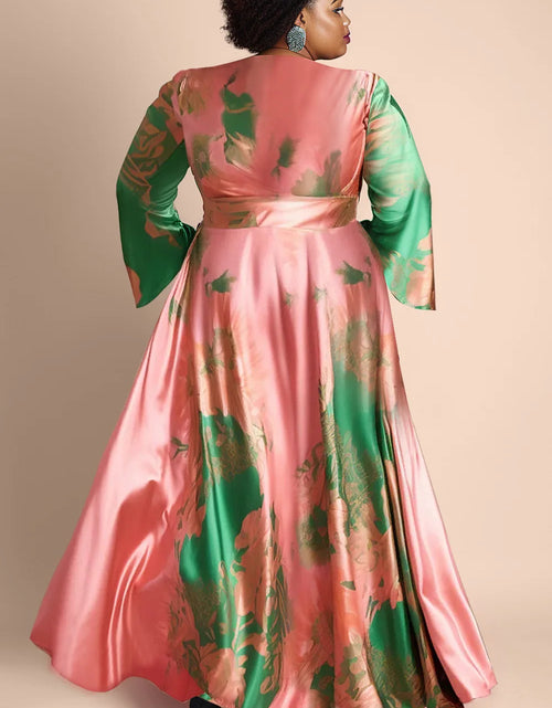 Load image into Gallery viewer, Women‘s Plus Size Satin Dress Pink Color block Flare Long Sleeve  V-Neck Maxi Dresses