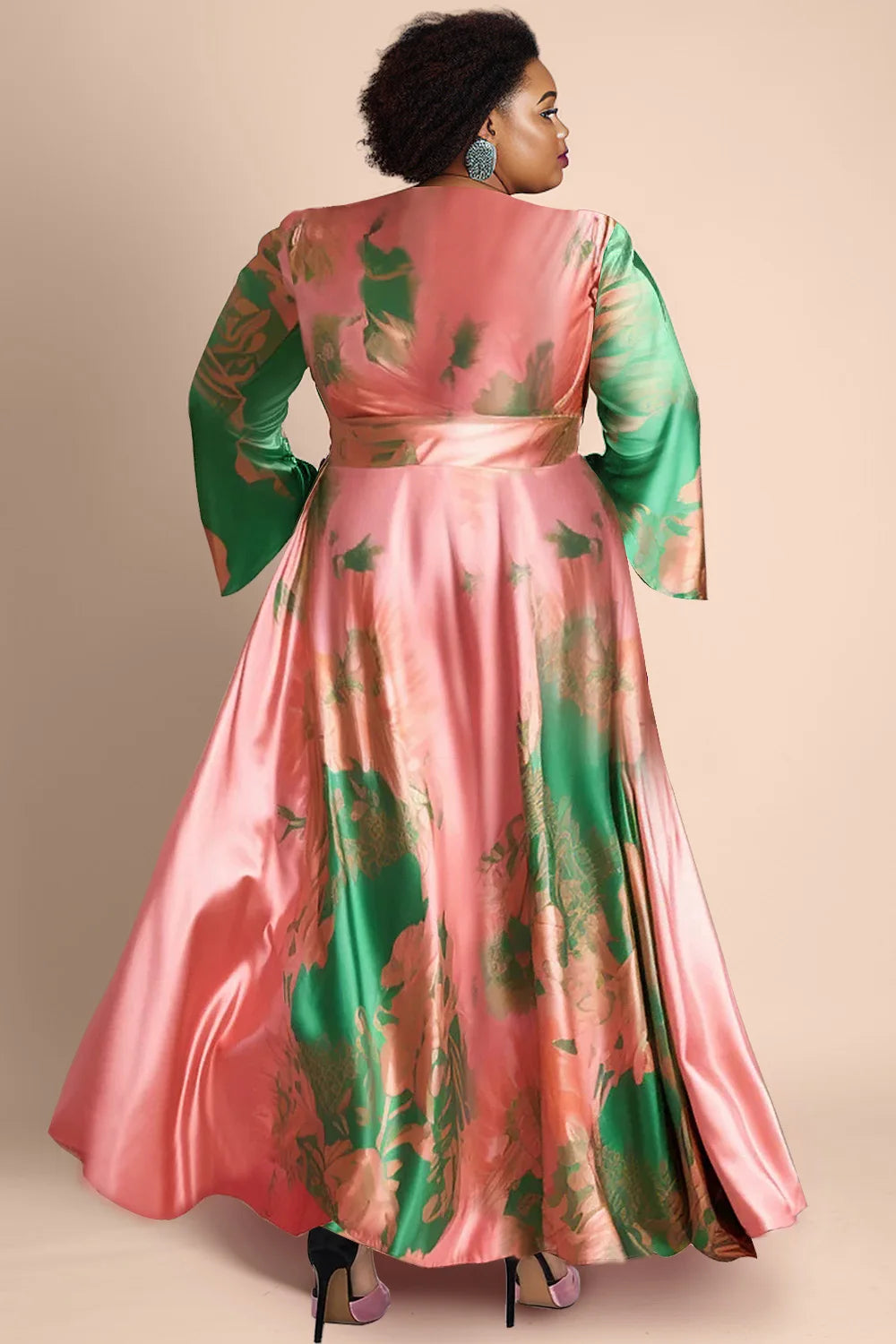 Women‘s Plus Size Satin Dress Pink Color block Flare Long Sleeve  V-Neck Maxi Dresses