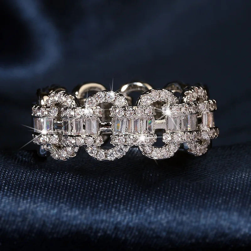 Fashion Luxury Large Row Flashing Zircon Ring  Chain Type 925 Stamp Jewelry