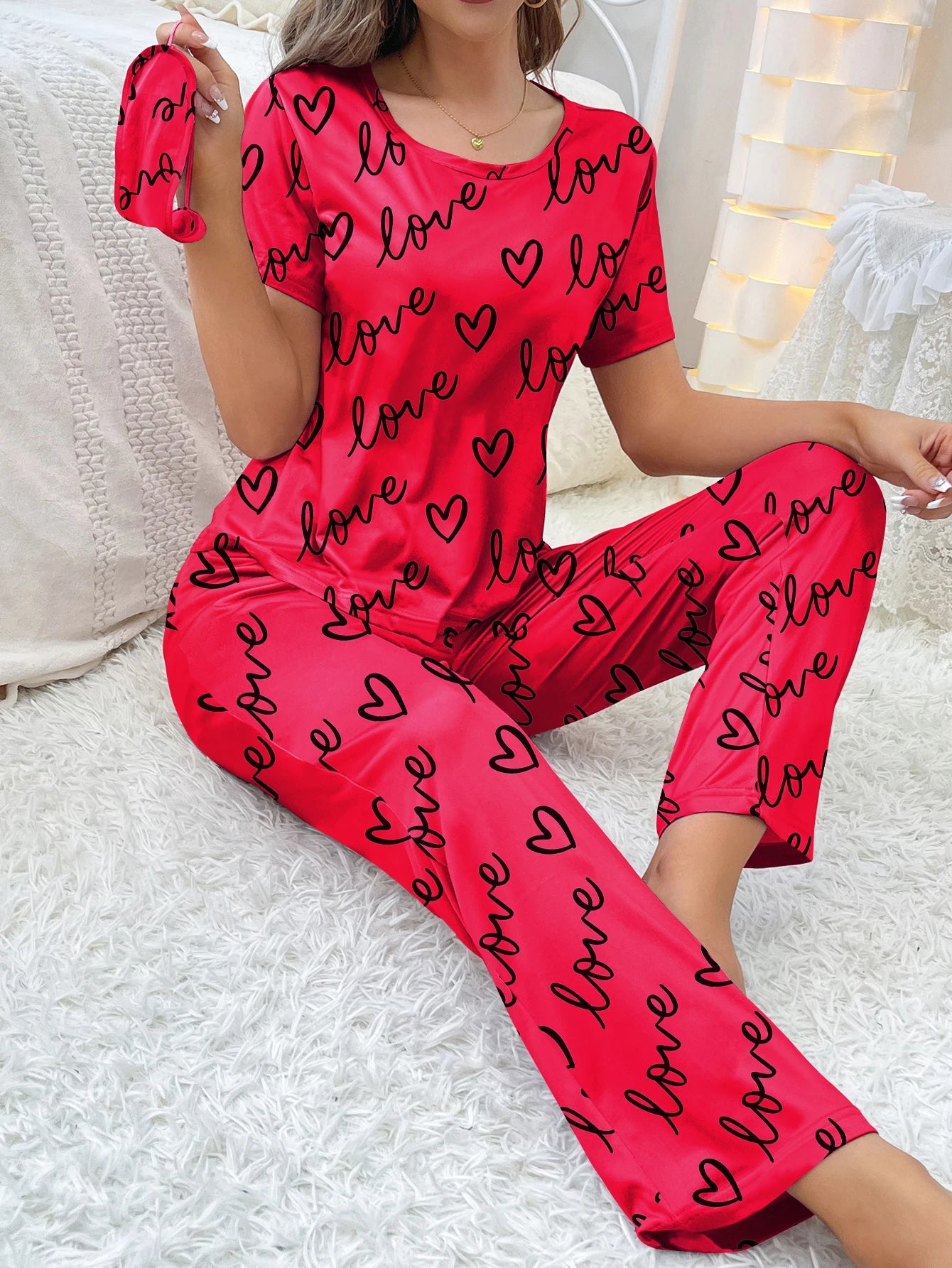women's home wear short sleeve trousers pajamas love pattern casual and comfortable