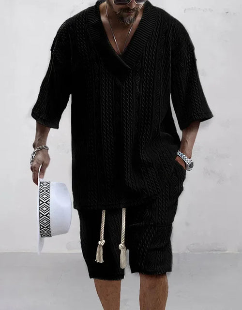 Load image into Gallery viewer, 2025 Casual Shorts Set Knitted Two Piece Men's Clothing V-Neck Short Sleeve T-shirt and Shorts Streetwear Knit Outfits